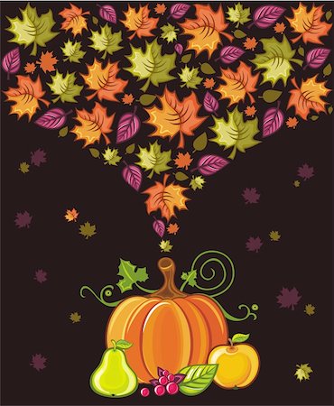 Thanksgiving Design: colorful leaves flying around pumpkin,pear,apple berries. Stock Photo - Budget Royalty-Free & Subscription, Code: 400-04139907