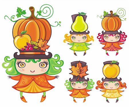 Vector set of a cute Thanksgiving girls wearing harvest hats with a pear, apple, pumpkin, orange leaves, berries. Stock Photo - Budget Royalty-Free & Subscription, Code: 400-04139909