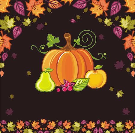 Thanksgiving Design with space for your text: colorful leaves flying around pumpkin,pear,apple berries. Stock Photo - Budget Royalty-Free & Subscription, Code: 400-04139914