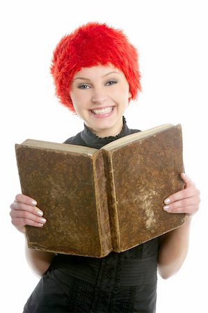 funny wig woman - Happy funny student beautiful girl with orange wig and old book Stock Photo - Budget Royalty-Free & Subscription, Code: 400-04130095