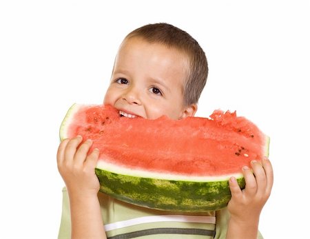 simsearch:400-04402341,k - Happy boy eating large watermelon slice - isolated Stock Photo - Budget Royalty-Free & Subscription, Code: 400-04130174