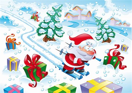 santa claus ski - Santa Claus in the snow - funny cartoon and vector christmas scene. Foto de stock - Super Valor sin royalties y Suscripción, Código: 400-04131012