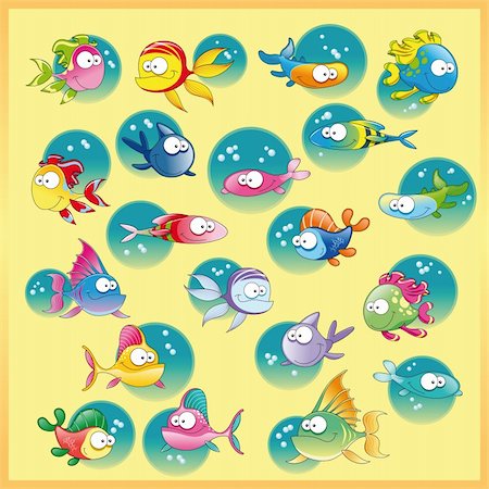 Family of fish with background. Funny cartoon and vector illustration Stock Photo - Budget Royalty-Free & Subscription, Code: 400-04131119