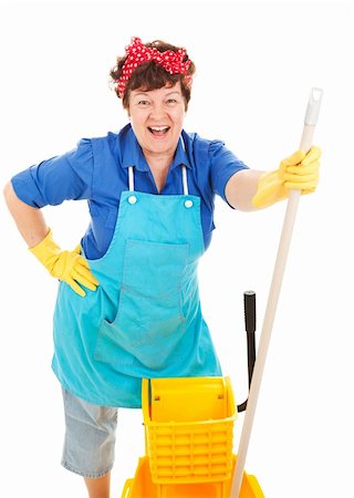 Friendly, smiling maid getting ready to mop the floor.  Isolated on white. Stock Photo - Budget Royalty-Free & Subscription, Code: 400-04131215
