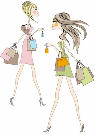 sketchy - Fashion girls walking with shopping bags, vector Stock Photo - Budget Royalty-Free & Subscription, Code: 400-04131329