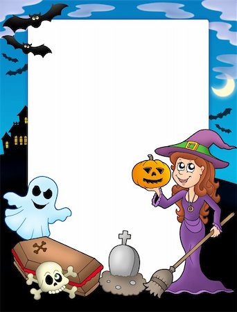 females in casket - Halloween frame 2 with various objects - color illustration. Foto de stock - Super Valor sin royalties y Suscripción, Código: 400-04133139