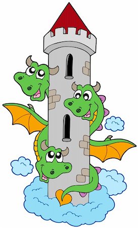 dragon head - Three headed dragon with tower - vector illustration. Stock Photo - Budget Royalty-Free & Subscription, Code: 400-04133132