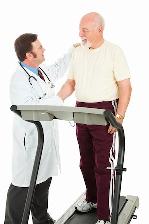 Doctor shaking the hand of a senior man following a fitness test on the treadmill.  Isolated on white. Stock Photo - Budget Royalty-Free & Subscription, Code: 400-04133158