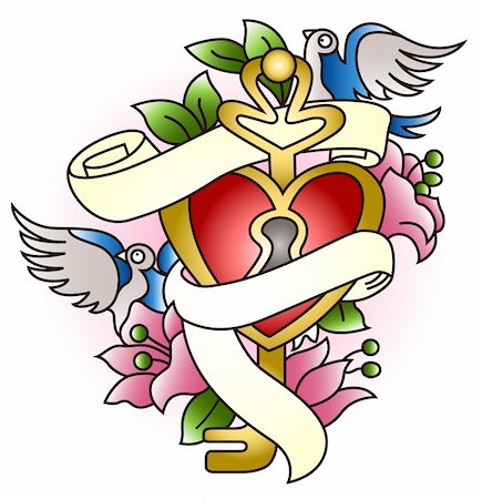 simsearch:400-05384010,k - locked heart key with bird and flower graphic Stock Photo - Budget Royalty-Free & Subscription, Code: 400-04133455