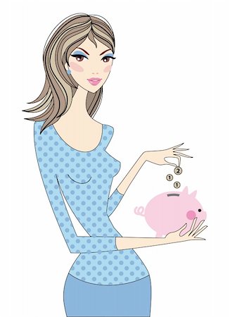 drawing girls body - Woman saving money with piggy bank, vector Stock Photo - Budget Royalty-Free & Subscription, Code: 400-04133466