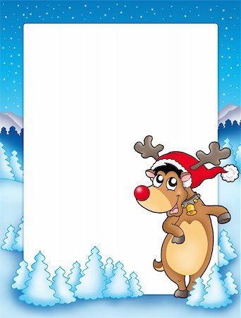 elk on snow - Christmas frame with cute reindeer - color illustration. Stock Photo - Budget Royalty-Free & Subscription, Code: 400-04144048