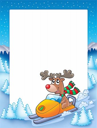 simsearch:400-04144528,k - Frame with reindeer riding scooter - color illustration. Foto de stock - Super Valor sin royalties y Suscripción, Código: 400-04144057