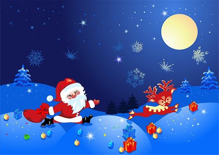 simsearch:400-05293080,k - Christmas night, and Santa Claus with deer Fotografie stock - Microstock e Abbonamento, Codice: 400-04144252