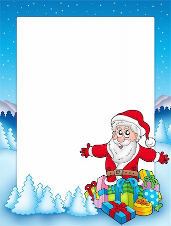 simsearch:400-04144529,k - Frame with Santa and pile of gifts - color illustration. Fotografie stock - Microstock e Abbonamento, Codice: 400-04144526