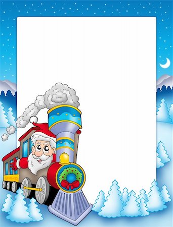 simsearch:400-04144529,k - Frame with Santa Claus and train - color illustration. Fotografie stock - Microstock e Abbonamento, Codice: 400-04144527