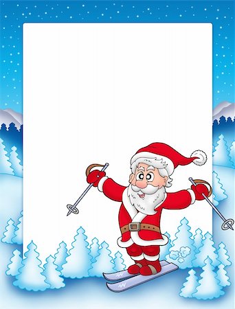 santa claus ski - Frame with skiing Santa Claus - color illustration. Foto de stock - Super Valor sin royalties y Suscripción, Código: 400-04144529