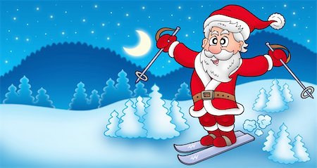 santa claus ski - Landscape with skiing Santa Claus - color illustration. Foto de stock - Super Valor sin royalties y Suscripción, Código: 400-04144534