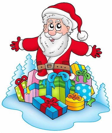 simsearch:400-04144529,k - Happy Santa Claus with pile of gifts - color illustration. Fotografie stock - Microstock e Abbonamento, Codice: 400-04144530