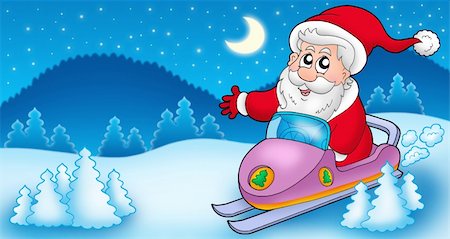 simsearch:400-04144529,k - Landscape with Santa Claus on scooter - color illustration. Fotografie stock - Microstock e Abbonamento, Codice: 400-04144533