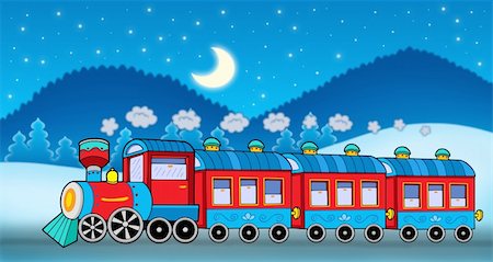 snow and wagon wheel - Train in winter landscape - color illustration. Foto de stock - Super Valor sin royalties y Suscripción, Código: 400-04144859