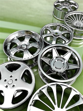 simsearch:400-04097123,k - Auto steel alloy car rims over green mirror Stock Photo - Budget Royalty-Free & Subscription, Code: 400-04144867