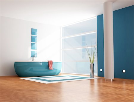 simsearch:6102-08726973,k - minimalist modern blue bathroom - rendering Fotografie stock - Microstock e Abbonamento, Codice: 400-04146306