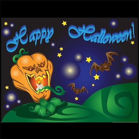 simsearch:400-04645724,k - pumpkin head with a lighted candle in his mouth and tongue with green looking angrily at us.     Dark night in the meadow, shining stars and a couple of bats flying in the background. Happy     Halloween. Stock Photo - Budget Royalty-Free & Subscription, Code: 400-04147070