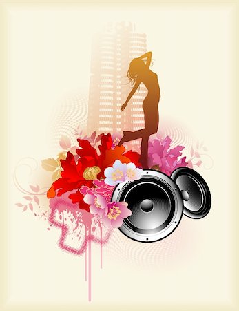 urban floral music illustration with speakers and dancing girl Fotografie stock - Microstock e Abbonamento, Codice: 400-04147384