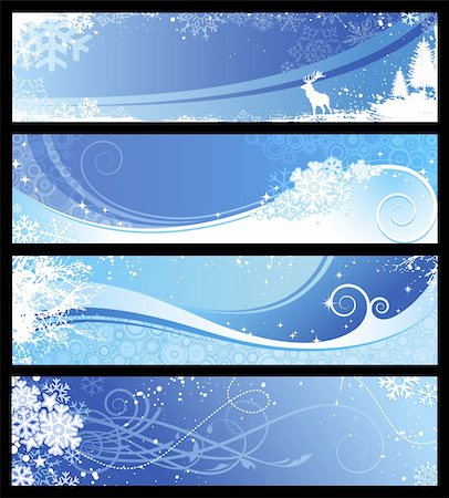 set of 4 blue winter banners with snowflakes and floral elements Fotografie stock - Microstock e Abbonamento, Codice: 400-04147383