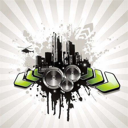 urban music illustration with glossy green arrows, speakers and skyline Fotografie stock - Microstock e Abbonamento, Codice: 400-04147414