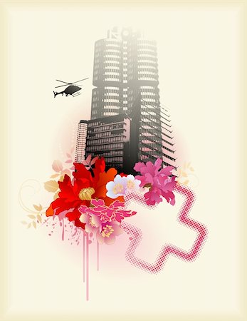 floral urban collage with halftone elements, helicopter and skyscrapers Fotografie stock - Microstock e Abbonamento, Codice: 400-04147415