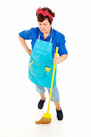 Maid looking sad as she sweeps the floor.  Full body isolated. Stock Photo - Budget Royalty-Free & Subscription, Code: 400-04149805