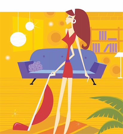 simsearch:400-07759803,k - Sexy woman is cleaning household with vacuum cleaner. Lifestyle vector illustration in retro style. Foto de stock - Super Valor sin royalties y Suscripción, Código: 400-04149878
