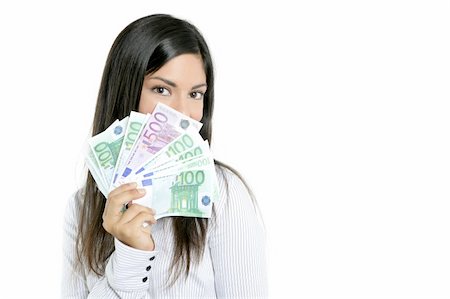 simsearch:400-04123668,k - Beautiful sucess businesswoman holding Euro notes isolated on white Stock Photo - Budget Royalty-Free & Subscription, Code: 400-04140626
