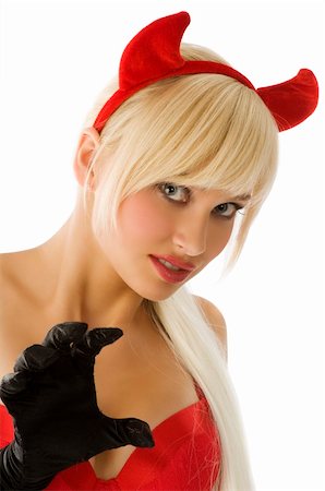 simsearch:400-04642706,k - close up portrait of a sexy and blond demon with red horns and black gloves Stock Photo - Budget Royalty-Free & Subscription, Code: 400-04141113