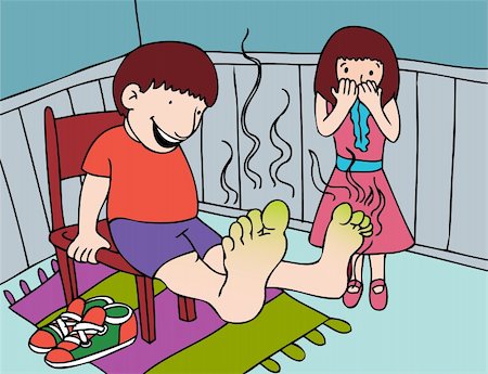 Little girl is disgusted by her brother's smelly feet. Stock Photo - Budget Royalty-Free & Subscription, Code: 400-04141145