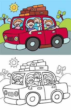 simsearch:400-05385132,k - Cartoon image of a family taking a trip in their car - both color and black / white versions. Stock Photo - Budget Royalty-Free & Subscription, Code: 400-04141289