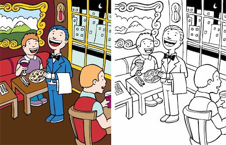 Cartoon image of a waiter in a restaurant - color and black/white versions. Stock Photo - Budget Royalty-Free & Subscription, Code: 400-04141346
