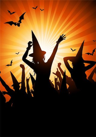 A crowd of people in witch outfits. Halloween themed party. Stock Photo - Budget Royalty-Free & Subscription, Code: 400-04141367