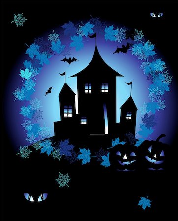 simsearch:400-09081867,k - Halloween night holiday, house on hill Fotografie stock - Microstock e Abbonamento, Codice: 400-04142006