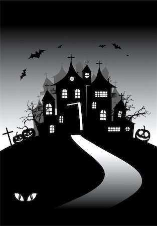 simsearch:400-09081867,k - Halloween night holiday, house on hill Fotografie stock - Microstock e Abbonamento, Codice: 400-04142009