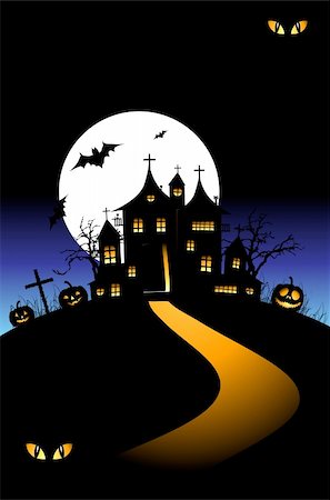simsearch:400-07774937,k - Halloween night holiday, house on hill Stock Photo - Budget Royalty-Free & Subscription, Code: 400-04142011