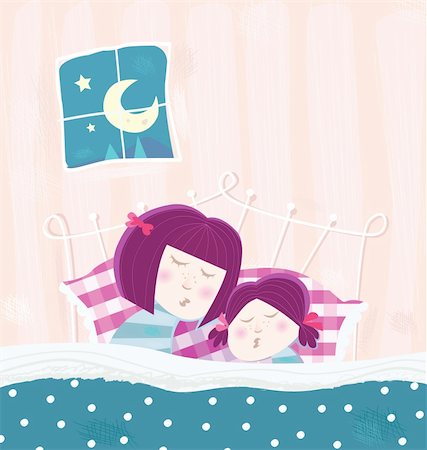 simsearch:400-06739427,k - Mutter und Kind sind blau nachts im Bett schlafen. Cartoon-Vektor-Illustration. Stockbilder - Microstock & Abonnement, Bildnummer: 400-04142203