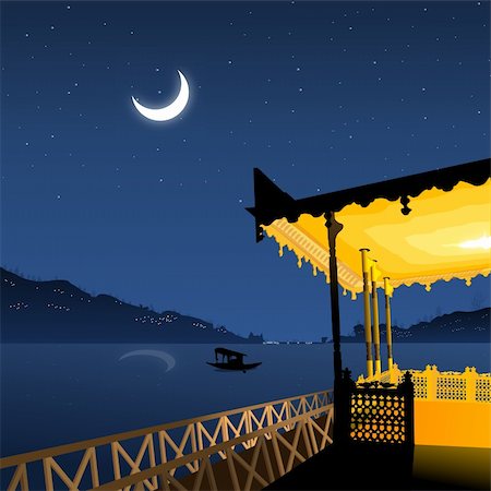 landscape view from boathouse, moonlight reflection, lakeside Stock Photo - Budget Royalty-Free & Subscription, Code: 400-04142636