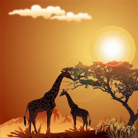 silhouette of giraffe, with jungle landscape and sun Stock Photo - Budget Royalty-Free & Subscription, Code: 400-04142652