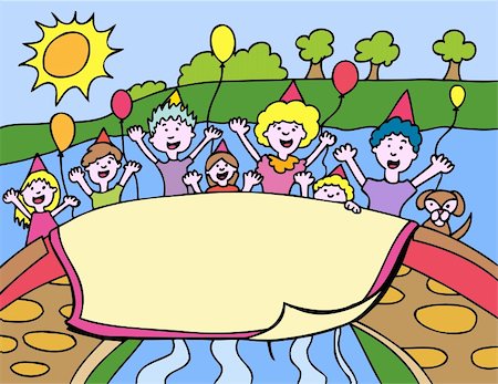 Children celebrate a birthday party in the park with balloons, hats and a banner over a bridge. Stock Photo - Budget Royalty-Free & Subscription, Code: 400-04143250