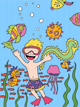 school fish illustration - Child snorkeling under the sea exploring the beauty of the ocean fish, plants and other sea life. Stock Photo - Budget Royalty-Free & Subscription, Code: 400-04143694