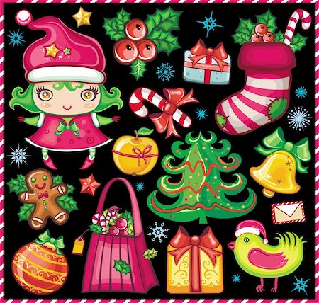 Vector set of Christmas design elements: Santa helper girl, Santa bird, Christmas tree, gift box with bow, christmas bells, holly, star, gingerbread man, candy cane, christmas decoration, apple, shopping bag full of Christmas presents. Isolated on black background. Stock Photo - Budget Royalty-Free & Subscription, Code: 400-04154171