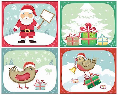 simsearch:400-06423540,k - Christmas greeting cards: with Santa Claus, mailman birds, Christmas trees, presents Photographie de stock - Aubaine LD & Abonnement, Code: 400-04154185