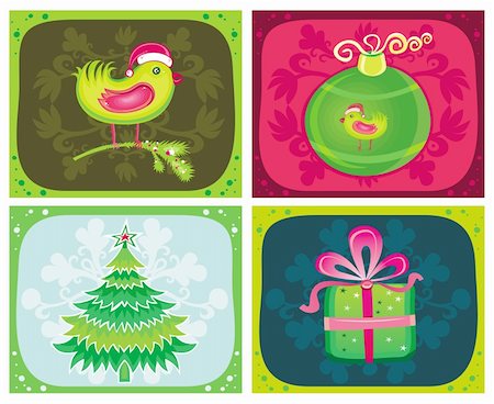 simsearch:400-07218423,k - Christmas greeting cards, with Santa Bird, Christmas tree,present and Christmas decoration Stockbilder - Microstock & Abonnement, Bildnummer: 400-04154191